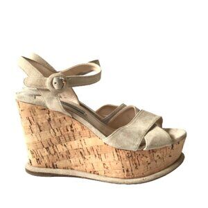 Prada Suede Cork Wedge Pomice Heels Sandals Womens 37 7 Cream Ecru Platform Shoe